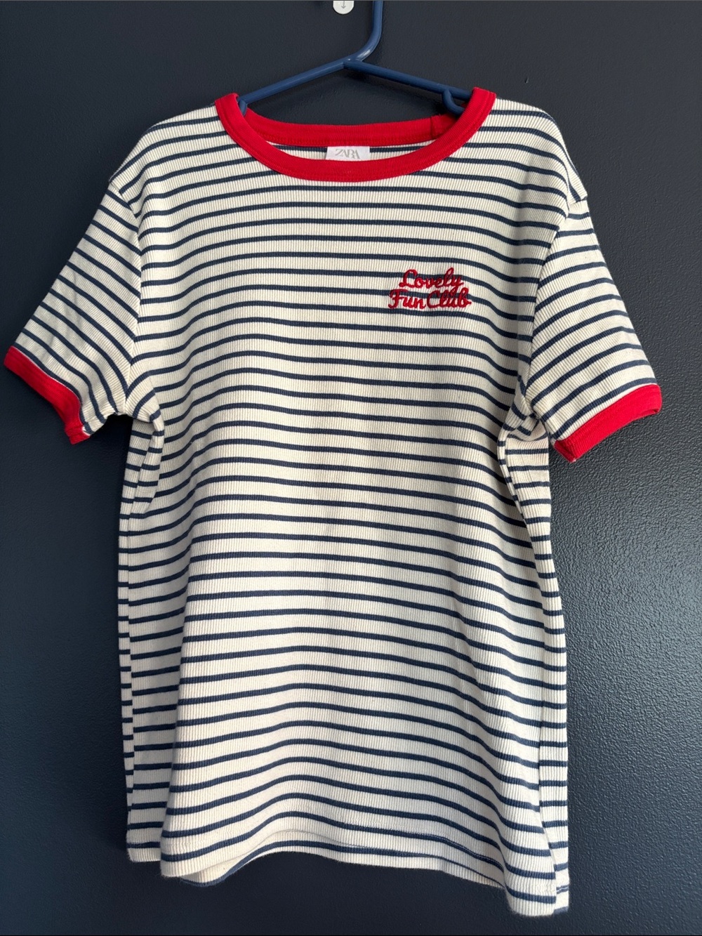 Zara Navy & Cream Striped Tee with Red Trim